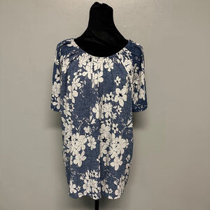 SJS Blue & White Floral Short Sleeve blouse women’s XL relaxed fit gathered neck